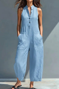 Willluxe® Vintage Solid Color Sleeveless Jumpsuit Stand Collar Loose Leg Spring Summer Work & Casual Outfit