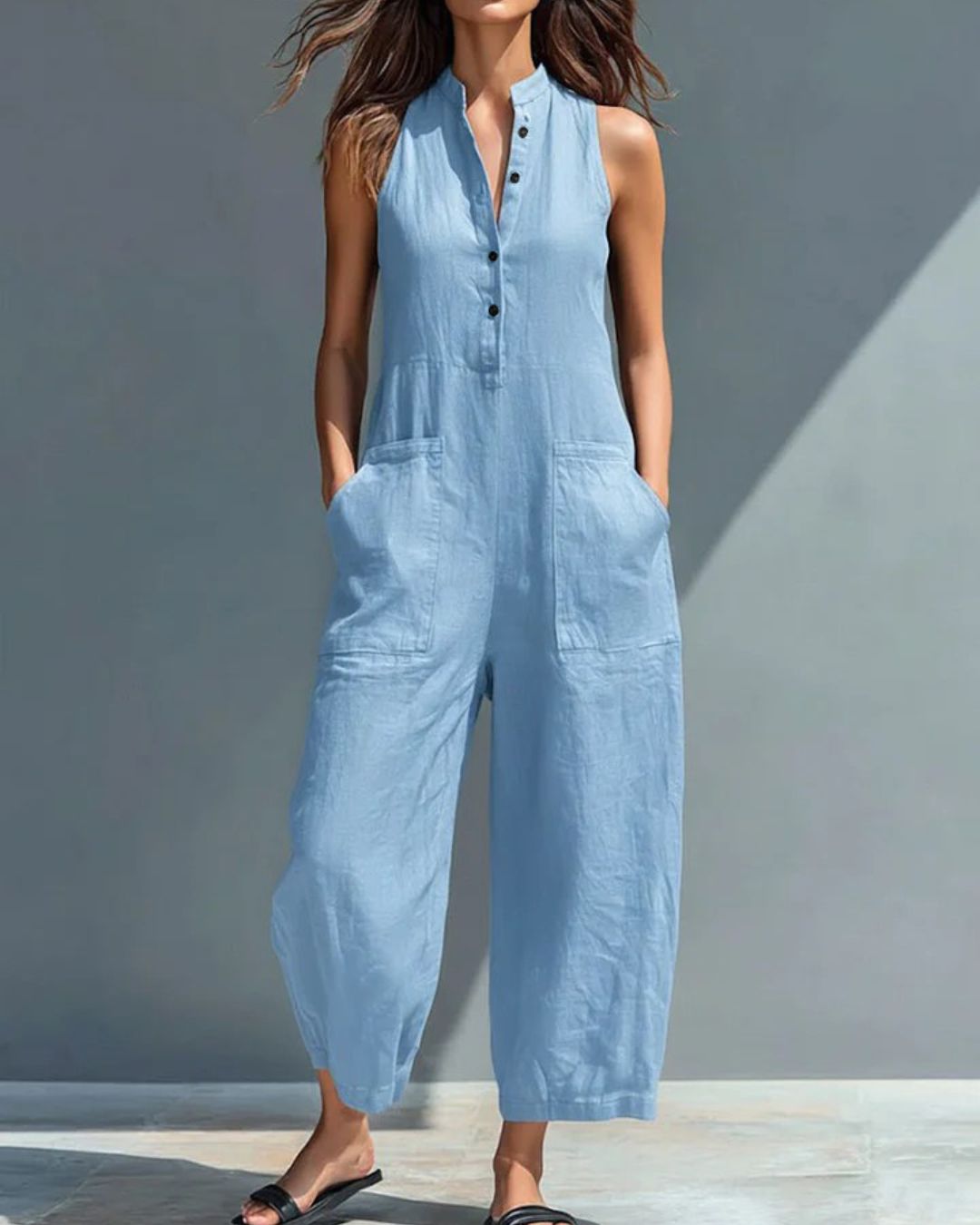 Willluxe® Vintage Solid Color Sleeveless Jumpsuit Stand Collar Loose Leg Spring Summer Work & Casual Outfit