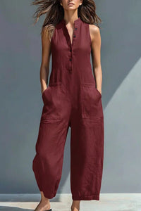 Willluxe® Vintage Solid Color Sleeveless Jumpsuit Stand Collar Loose Leg Spring Summer Work & Casual Outfit