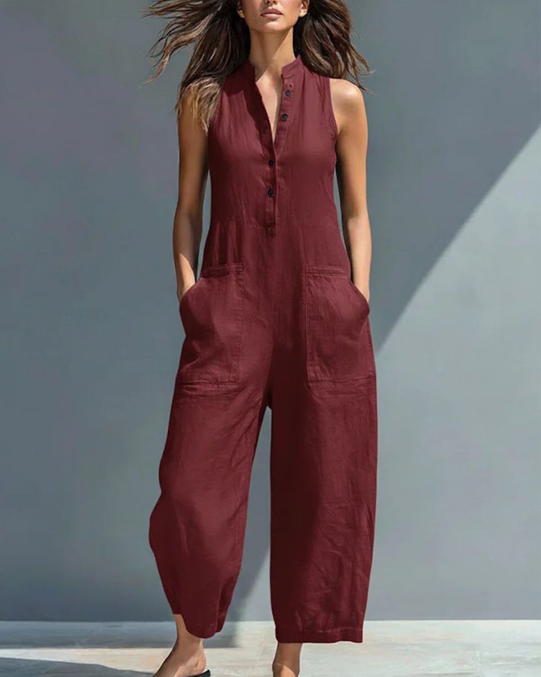 Willluxe® Vintage Solid Color Sleeveless Jumpsuit Stand Collar Loose Leg Spring Summer Work & Casual Outfit