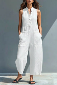 Willluxe® Vintage Solid Color Sleeveless Jumpsuit Stand Collar Loose Leg Spring Summer Work & Casual Outfit