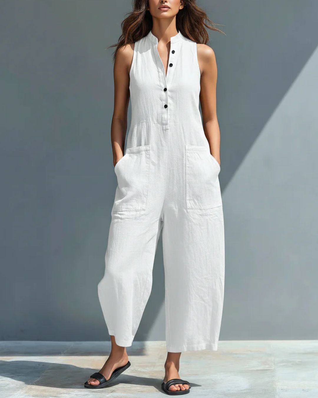 Willluxe® Vintage Solid Color Sleeveless Jumpsuit Stand Collar Loose Leg Spring Summer Work & Casual Outfit