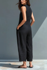 Willluxe® Vintage Solid Color Sleeveless Jumpsuit Stand Collar Loose Leg Spring Summer Work & Casual Outfit