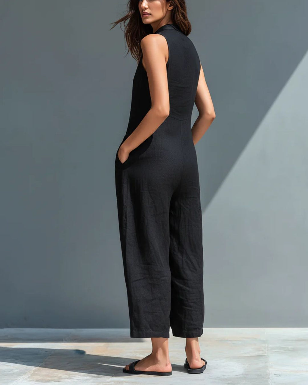 Willluxe® Vintage Solid Color Sleeveless Jumpsuit Stand Collar Loose Leg Spring Summer Work & Casual Outfit