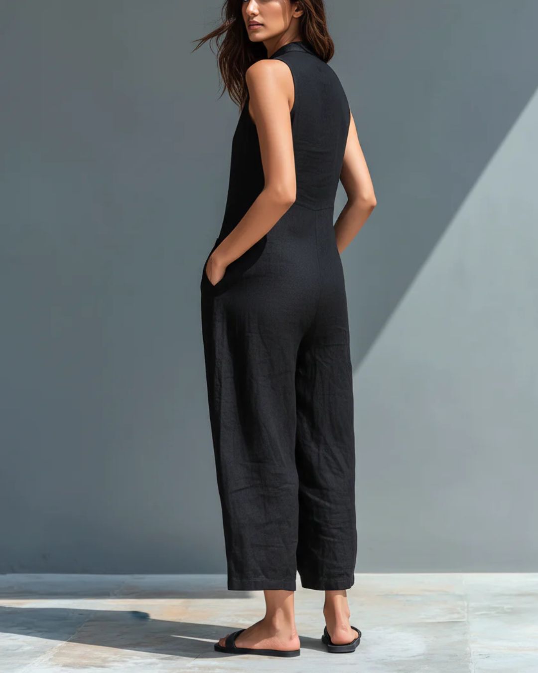 Willluxe® Vintage Solid Color Sleeveless Jumpsuit Stand Collar Loose Leg Spring Summer Work & Casual Outfit