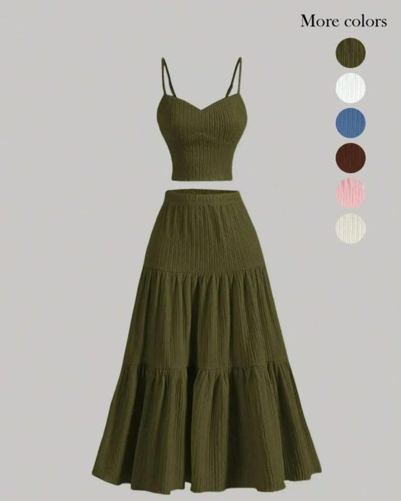 Willluxe® Casual Fashion Cozy Crop Cami Top & A-line Skirt Two-piece Outfits