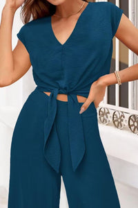 Willluxe® Casual 2 Piece Outfits Cap Sleeve V Neck Belted Crop Tops Wide Leg Pant Sets