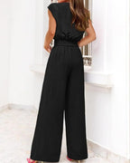 Willluxe® Casual 2 Piece Outfits Cap Sleeve V Neck Belted Crop Tops Wide Leg Pant Sets