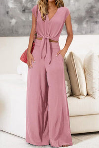Willluxe® Casual 2 Piece Outfits Cap Sleeve V Neck Belted Crop Tops Wide Leg Pant Sets