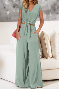 Willluxe® Casual 2 Piece Outfits Cap Sleeve V Neck Belted Crop Tops Wide Leg Pant Sets