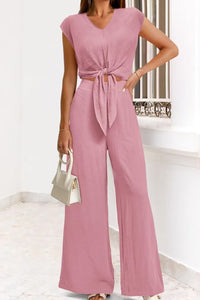 Willluxe® Casual 2 Piece Outfits Cap Sleeve V Neck Belted Crop Tops Wide Leg Pant Sets