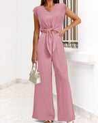 Willluxe® Casual 2 Piece Outfits Cap Sleeve V Neck Belted Crop Tops Wide Leg Pant Sets