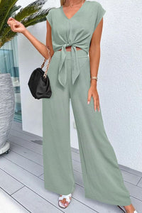 Willluxe® Casual 2 Piece Outfits Cap Sleeve V Neck Belted Crop Tops Wide Leg Pant Sets