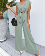 Willluxe® Casual 2 Piece Outfits Cap Sleeve V Neck Belted Crop Tops Wide Leg Pant Sets