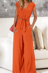 Willluxe® Casual 2 Piece Outfits Cap Sleeve V Neck Belted Crop Tops Wide Leg Pant Sets