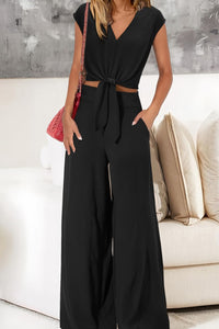 Willluxe® Casual 2 Piece Outfits Cap Sleeve V Neck Belted Crop Tops Wide Leg Pant Sets