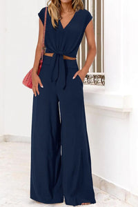 Willluxe® Casual 2 Piece Outfits Cap Sleeve V Neck Belted Crop Tops Wide Leg Pant Sets