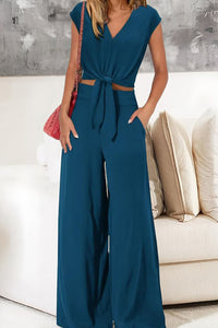 Willluxe® Casual 2 Piece Outfits Cap Sleeve V Neck Belted Crop Tops Wide Leg Pant Sets