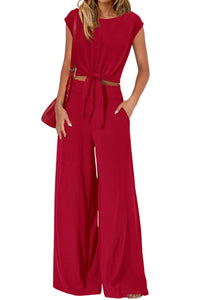 Willluxe® Casual 2 Piece Outfits Cap Sleeve V Neck Belted Crop Tops Wide Leg Pant Sets
