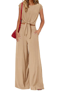 Willluxe® Casual 2 Piece Outfits Cap Sleeve V Neck Belted Crop Tops Wide Leg Pant Sets
