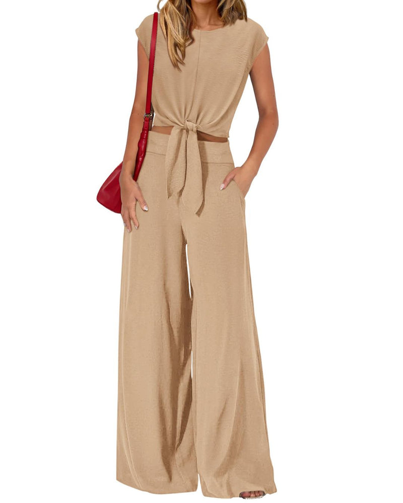Willluxe® Casual 2 Piece Outfits Cap Sleeve V Neck Belted Crop Tops Wide Leg Pant Sets
