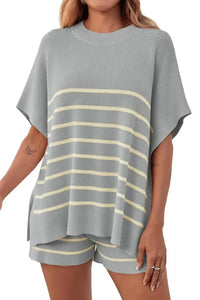Willluxe® Striped 2 Piece Outfits Oversized Batwing Short Sleeve Tops High Waisted Shorts Summer Knit Lounge Short Sets