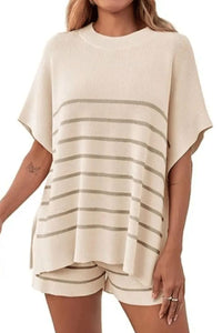 Willluxe® Striped 2 Piece Outfits Oversized Batwing Short Sleeve Tops High Waisted Shorts Summer Knit Lounge Short Sets