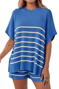 Willluxe® Striped 2 Piece Outfits Oversized Batwing Short Sleeve Tops High Waisted Shorts Summer Knit Lounge Short Sets