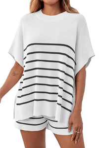 Willluxe® Striped 2 Piece Outfits Oversized Batwing Short Sleeve Tops High Waisted Shorts Summer Knit Lounge Short Sets