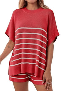 Willluxe® Striped 2 Piece Outfits Oversized Batwing Short Sleeve Tops High Waisted Shorts Summer Knit Lounge Short Sets