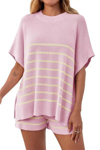 Willluxe® Striped 2 Piece Outfits Oversized Batwing Short Sleeve Tops High Waisted Shorts Summer Knit Lounge Short Sets