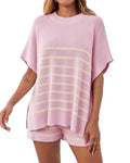 Willluxe® Striped 2 Piece Outfits Oversized Batwing Short Sleeve Tops High Waisted Shorts Summer Knit Lounge Short Sets