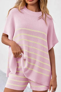 Willluxe® Striped 2 Piece Outfits Oversized Batwing Short Sleeve Tops High Waisted Shorts Summer Knit Lounge Short Sets