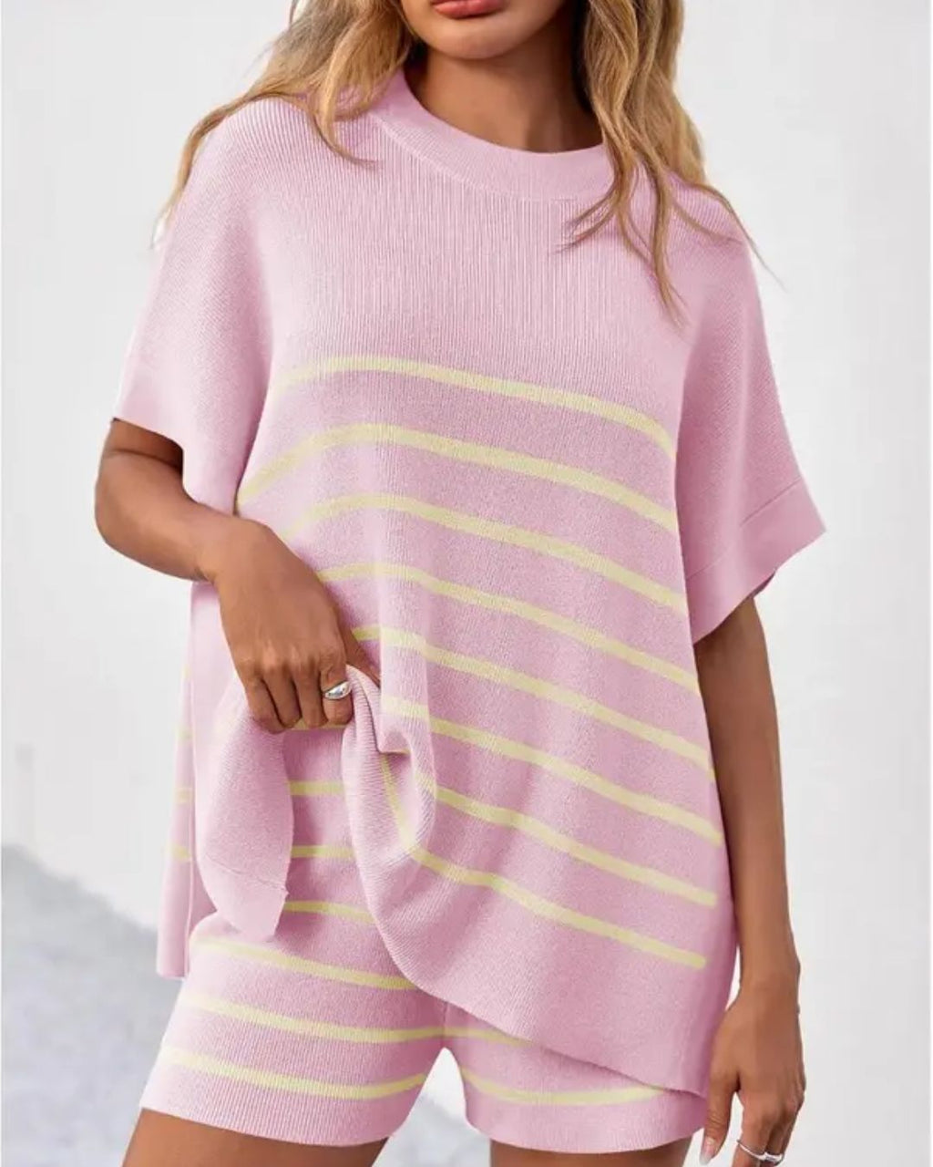 Willluxe® Striped 2 Piece Outfits Oversized Batwing Short Sleeve Tops High Waisted Shorts Summer Knit Lounge Short Sets