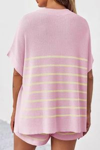 Willluxe® Striped 2 Piece Outfits Oversized Batwing Short Sleeve Tops High Waisted Shorts Summer Knit Lounge Short Sets