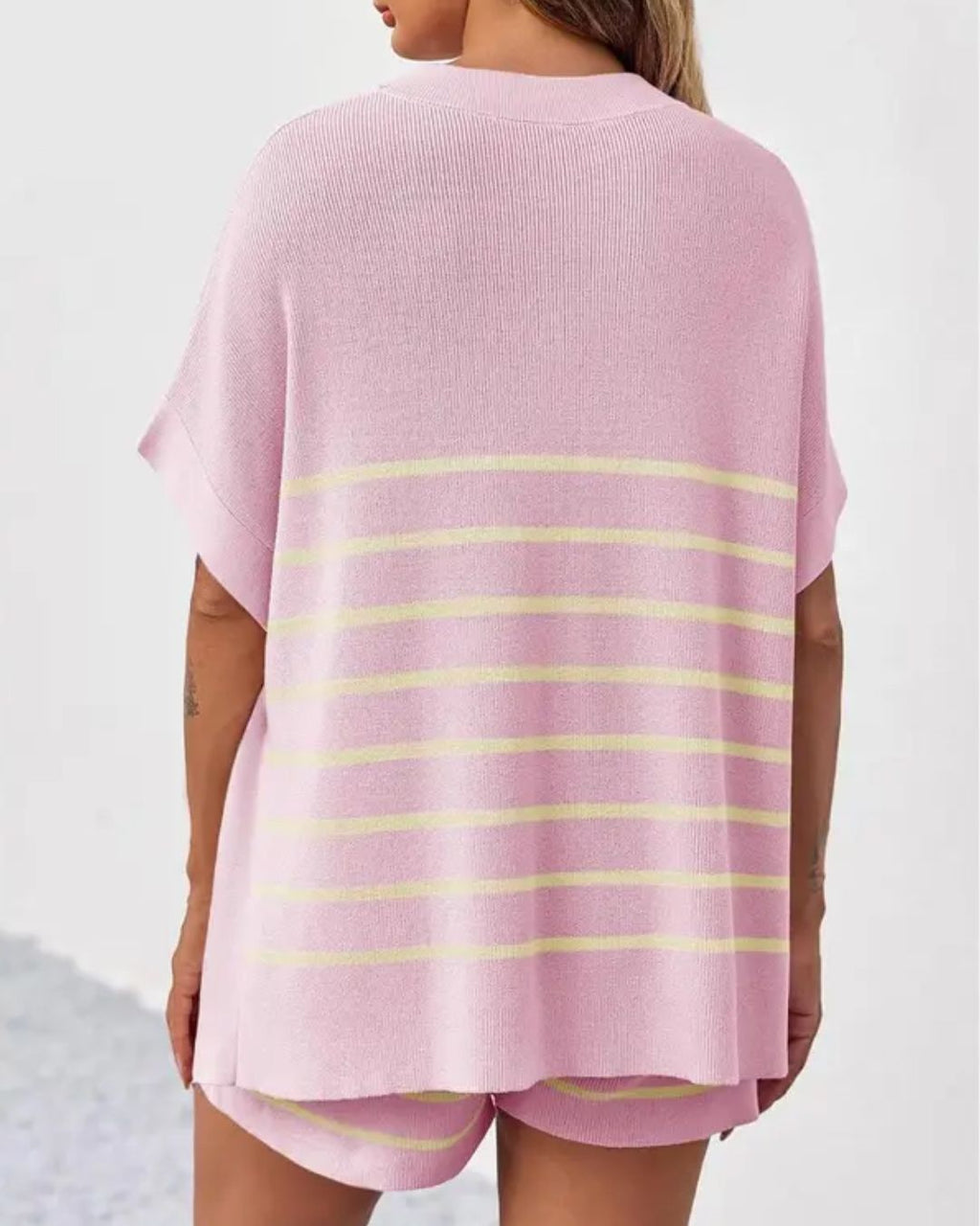 Willluxe® Striped 2 Piece Outfits Oversized Batwing Short Sleeve Tops High Waisted Shorts Summer Knit Lounge Short Sets