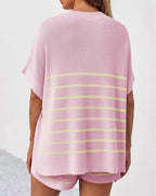 Willluxe® Striped 2 Piece Outfits Oversized Batwing Short Sleeve Tops High Waisted Shorts Summer Knit Lounge Short Sets