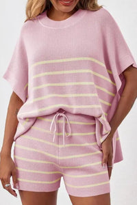 Willluxe® Striped 2 Piece Outfits Oversized Batwing Short Sleeve Tops High Waisted Shorts Summer Knit Lounge Short Sets