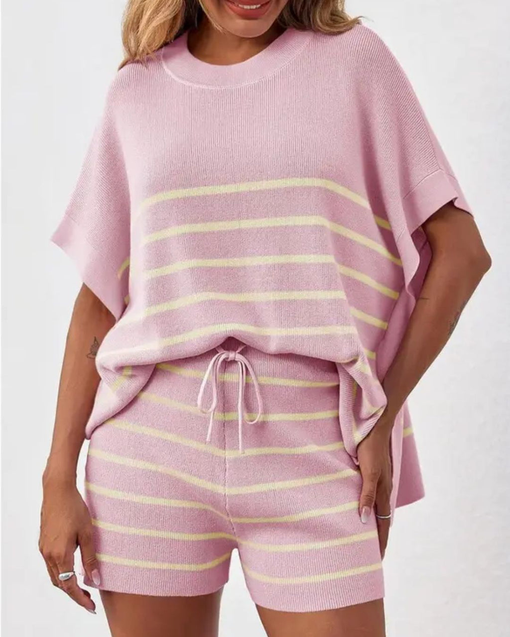 Willluxe® Striped 2 Piece Outfits Oversized Batwing Short Sleeve Tops High Waisted Shorts Summer Knit Lounge Short Sets