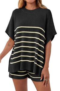 Willluxe® Striped 2 Piece Outfits Oversized Batwing Short Sleeve Tops High Waisted Shorts Summer Knit Lounge Short Sets
