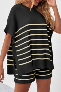 Willluxe® Striped 2 Piece Outfits Oversized Batwing Short Sleeve Tops High Waisted Shorts Summer Knit Lounge Short Sets