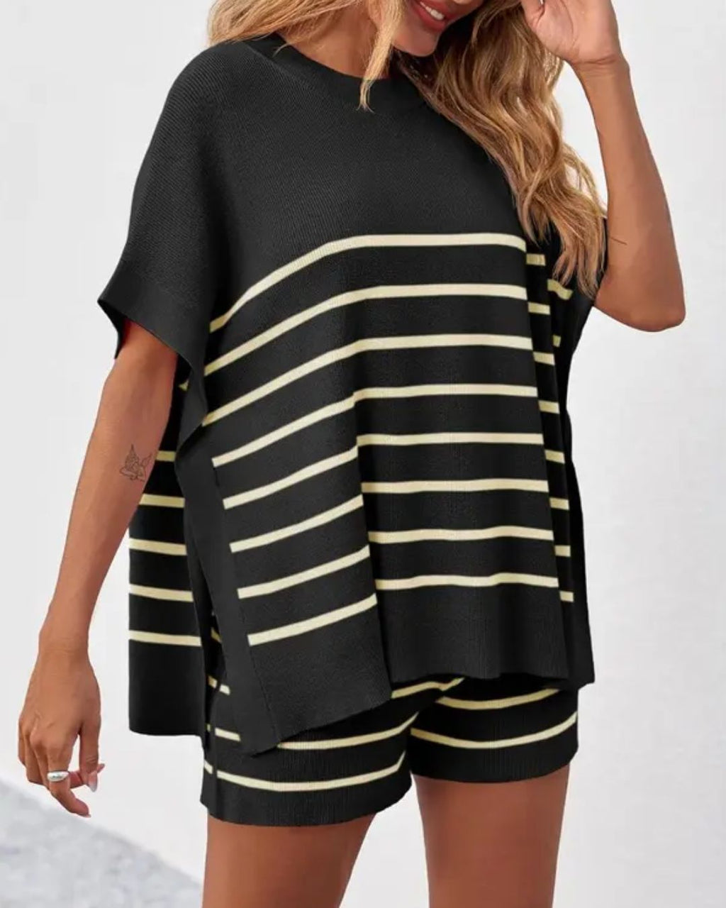 Willluxe® Striped 2 Piece Outfits Oversized Batwing Short Sleeve Tops High Waisted Shorts Summer Knit Lounge Short Sets