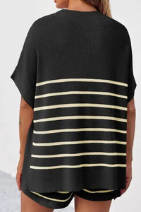 Willluxe® Striped 2 Piece Outfits Oversized Batwing Short Sleeve Tops High Waisted Shorts Summer Knit Lounge Short Sets