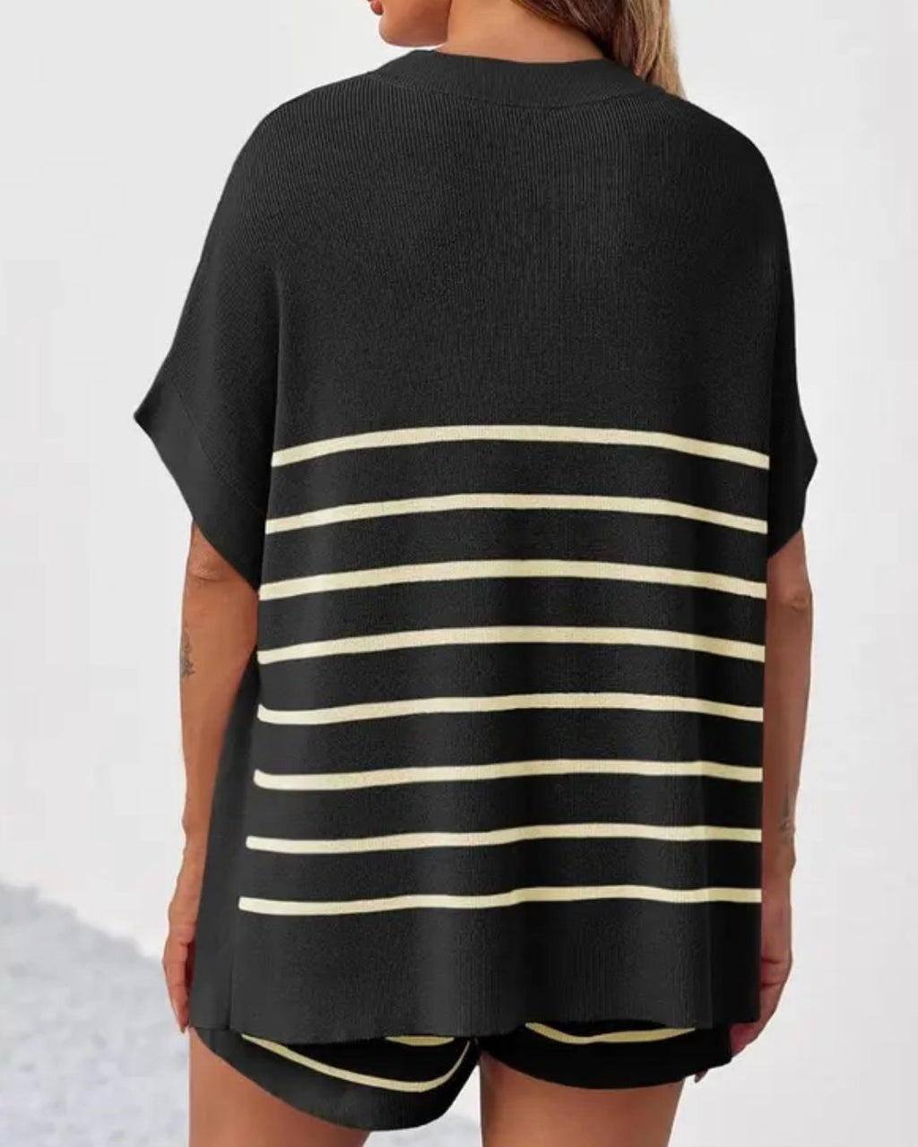 Willluxe® Striped 2 Piece Outfits Oversized Batwing Short Sleeve Tops High Waisted Shorts Summer Knit Lounge Short Sets