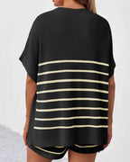 Willluxe® Striped 2 Piece Outfits Oversized Batwing Short Sleeve Tops High Waisted Shorts Summer Knit Lounge Short Sets