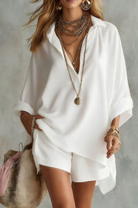 Willluxe® Solid Pocket Two-Piece Set, Casual Short Sleeve Shirt & Shorts Outfit