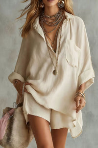 Willluxe® Solid Pocket Two-Piece Set, Casual Short Sleeve Shirt & Shorts Outfit