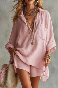 Willluxe® Solid Pocket Two-Piece Set, Casual Short Sleeve Shirt & Shorts Outfit