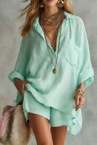 Willluxe® Solid Pocket Two-Piece Set, Casual Short Sleeve Shirt & Shorts Outfit