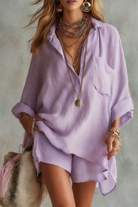 Willluxe® Solid Pocket Two-Piece Set, Casual Short Sleeve Shirt & Shorts Outfit